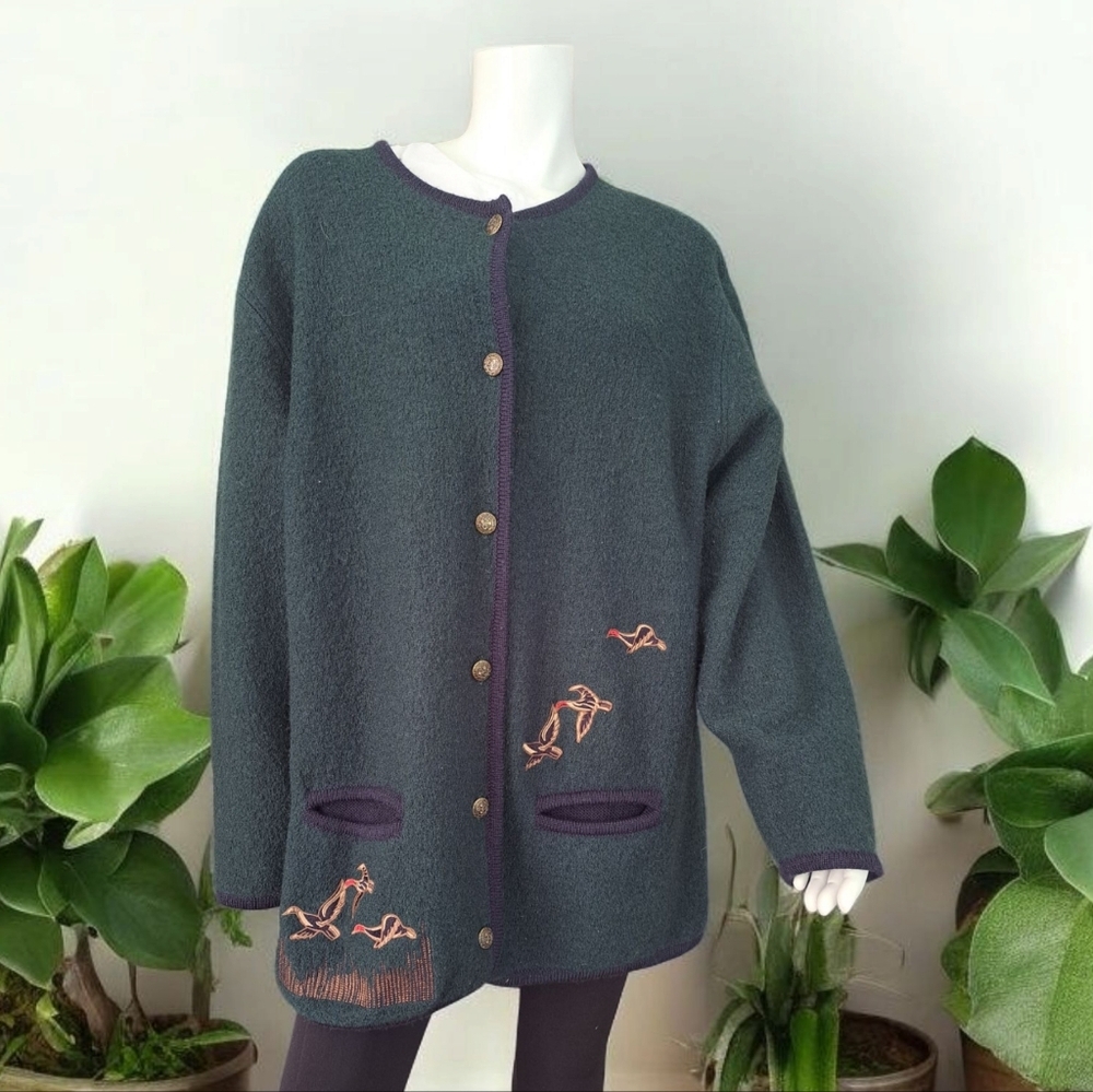 Dark Teal Embroidered Button-Front Cardigan Sweater